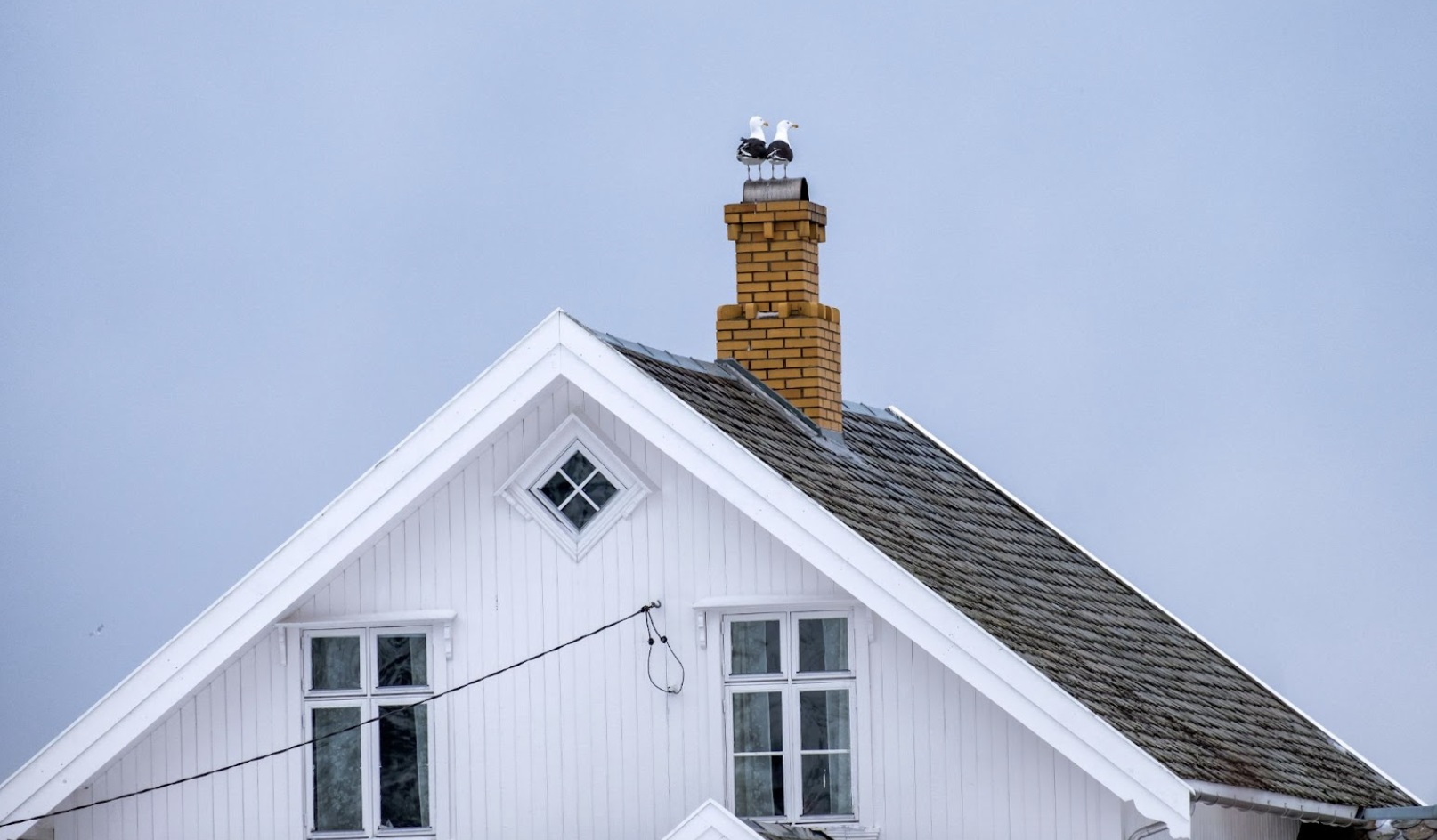 Residential Roof With Chimney and White Siding