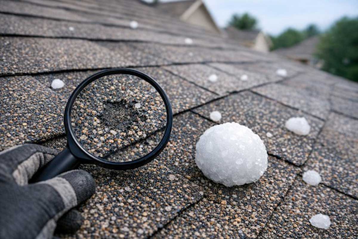 Roofer inspecting asphalt shingle roof for hail damage after a Minnesota hailstorm